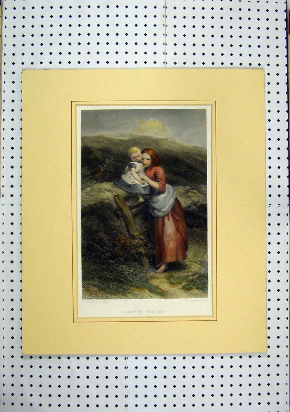 Old Antique Print Woman Child Country Fence Resting C1860 Hand Coloured 19th