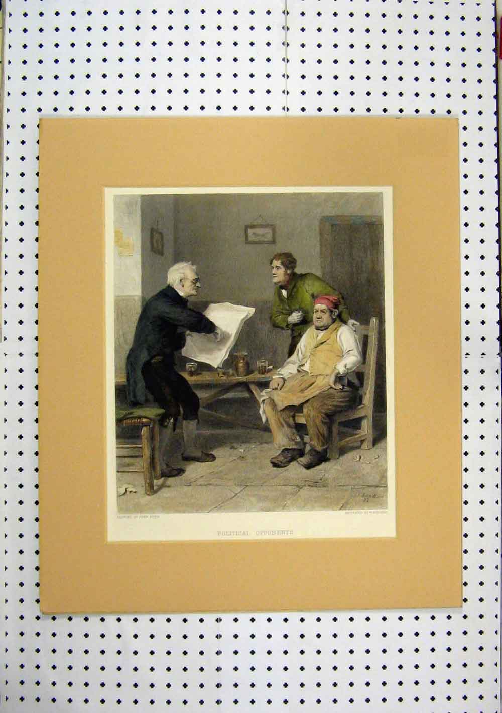 Original Old Antique Print Men Political Men Sitting Chair C1860 Hand Coloured