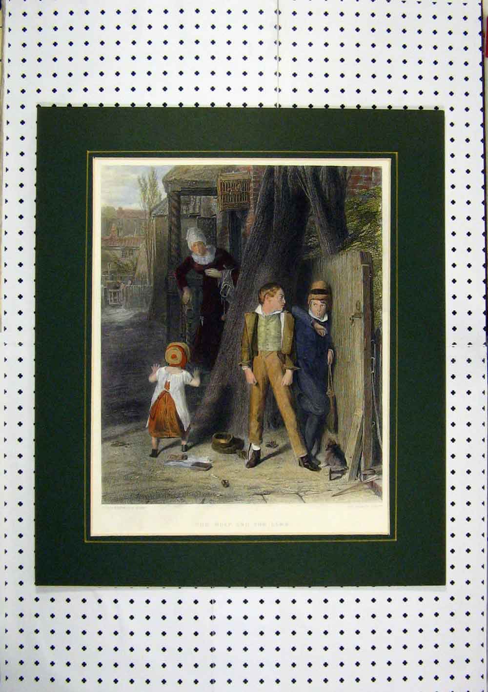 Old Antique Print Children Playing Boys Hiding Street C1860 Hand Coloured 19th