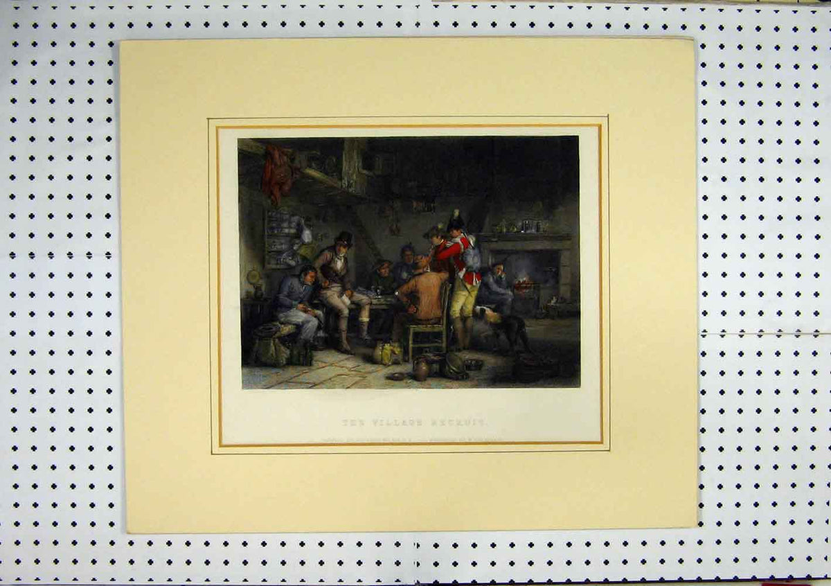 Original Old Antique Print Village Hotel Sier Drinking Men C1860 Hand Cloloured