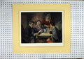 Original Old Antique Print Women Man Sitting Table Reading C1860 Hand Coloured