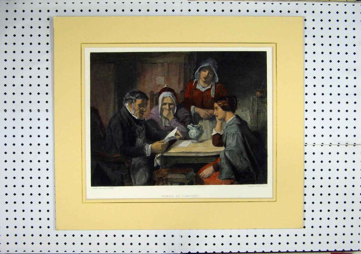 Original Old Antique Print Women Man Sitting Table Reading C1860 Hand Coloured
