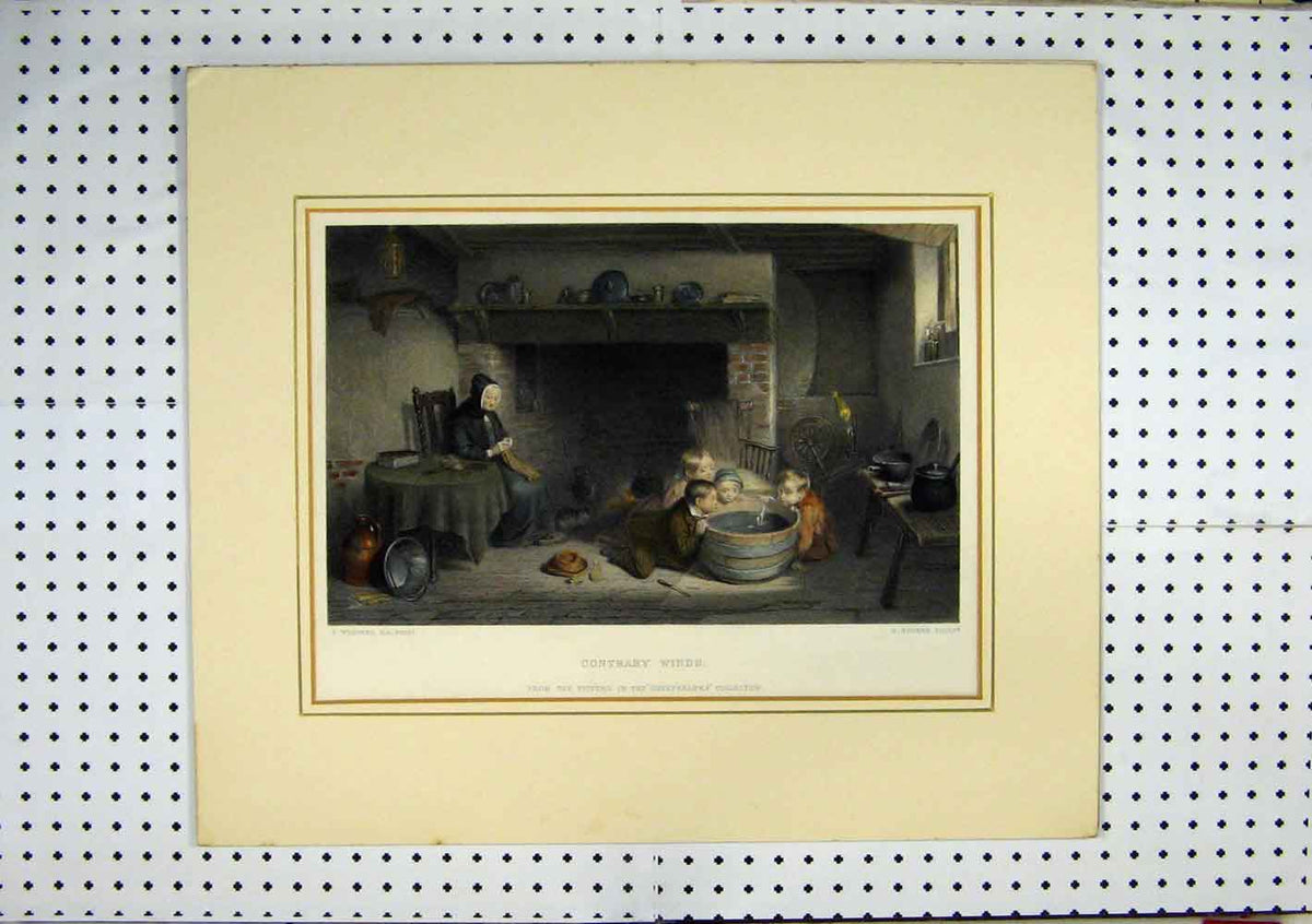Original Old Antique Print Children Playing Water Boat Fire C1860 Hand Coloured