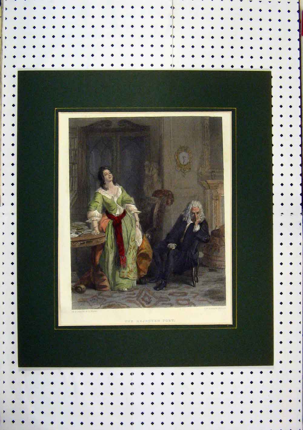 Original Old Antique Print C1860 Hand Coloured Man Woman Poet Sitting Chair