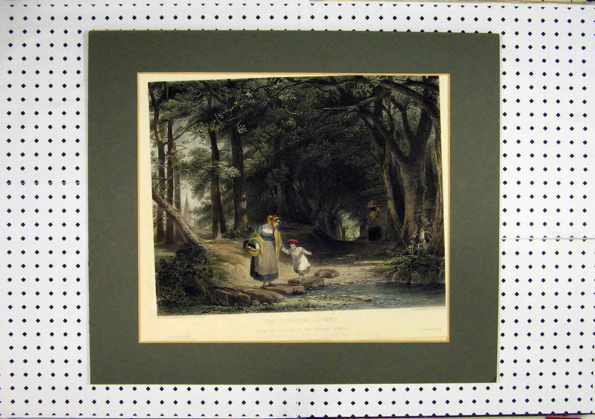 Original Old Antique Print C1860 Hand Coloured Woman Child Stones River Country