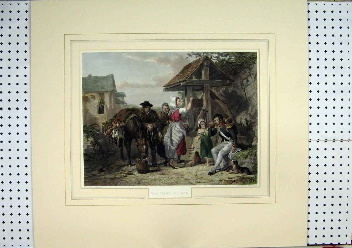 Original Old Antique Print Hand Coloured C1860 Tired Sier Drinking Well Horse