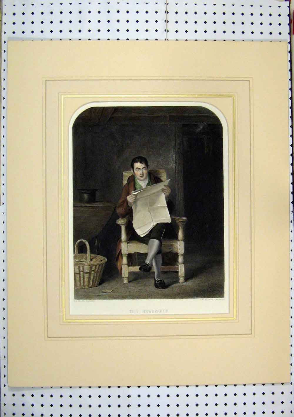 Old Antique Print Hand Coloured C1865 Man Reading Newspaper Sitting Chair 19th
