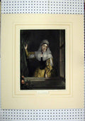Original Old Antique Print C1860 Hand Coloured Beautiful Woman Gazing Window