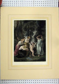 Old Antique Print C1865 Cupid Young Girls Forest Country Scene Coloured 19th