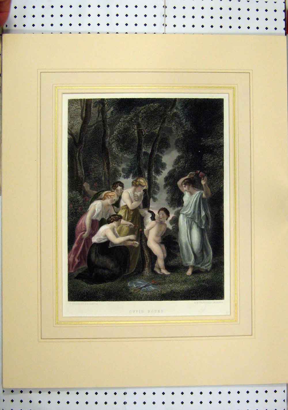 Old Antique Print C1865 Cupid Young Girls Forest Country Scene Coloured 19th