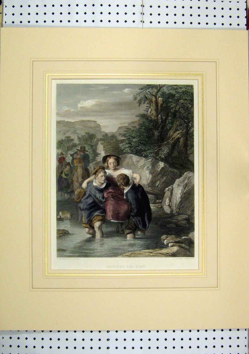 Original Old Antique Print C1865 Hand Coloured Crossing Ford Boys Carrying Girl