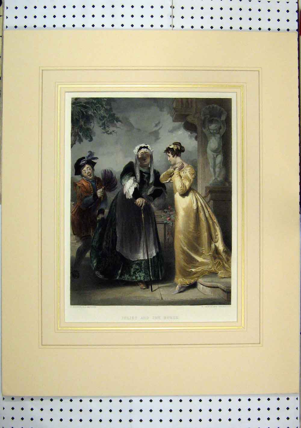 Old Antique Print C1865 Hand Coloured Juliet Nurse Beautiful Dress Woman 19th