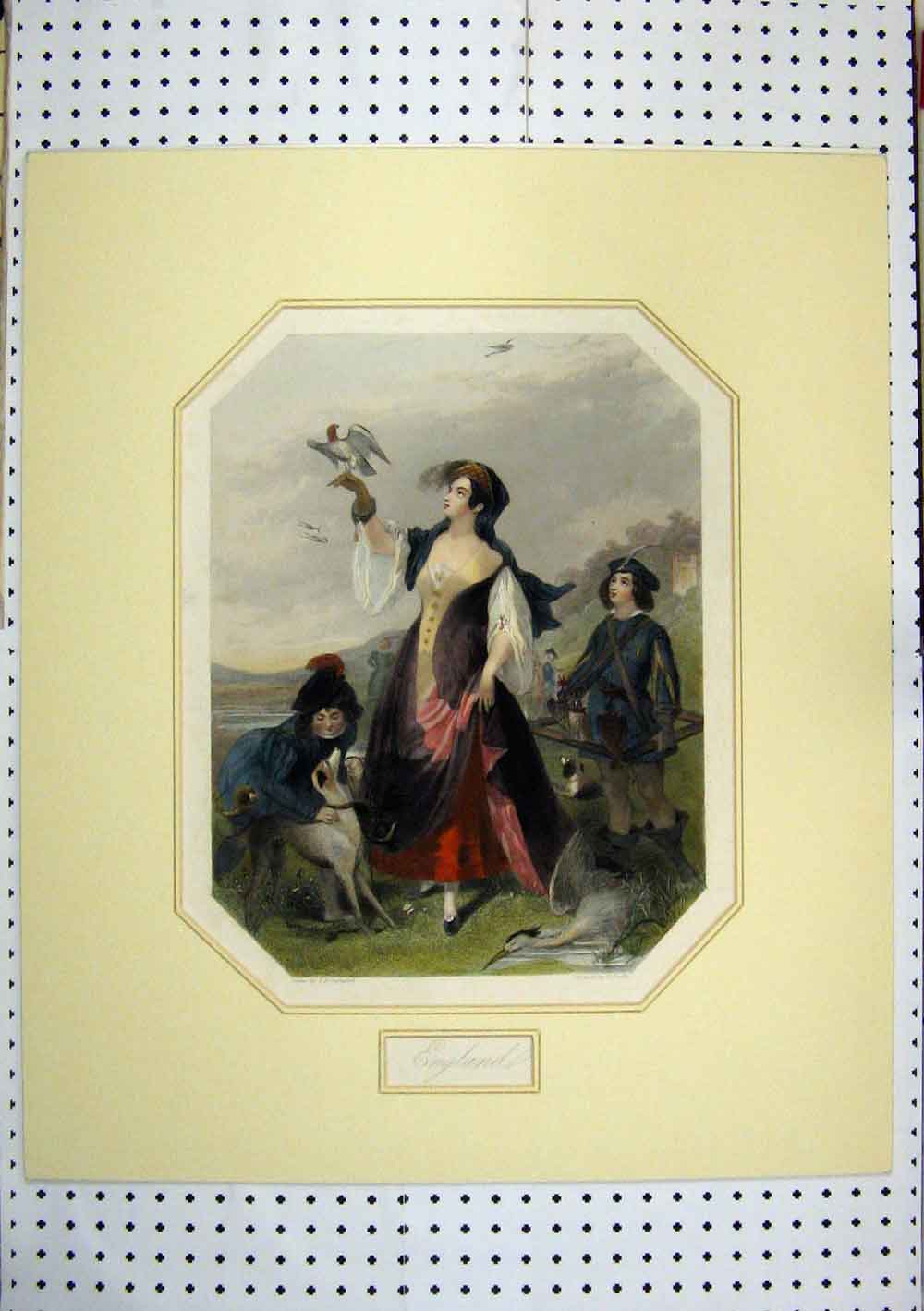 Old Antique Print C1850 Hand Coloured Woman Hawking Bird Boy Dog Finden 19th
