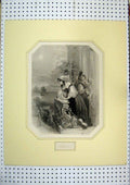 Old Antique Print C1850 Engraving Castile Women Watching Lake Engraving 19th