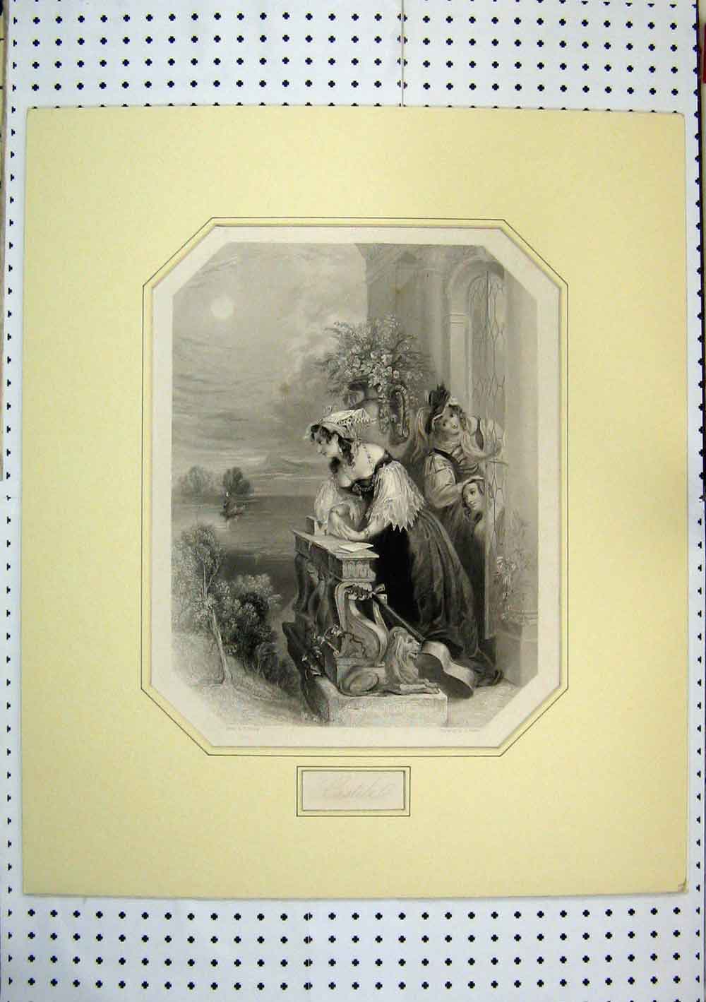 Old Antique Print C1850 Engraving Castile Women Watching Lake Engraving 19th