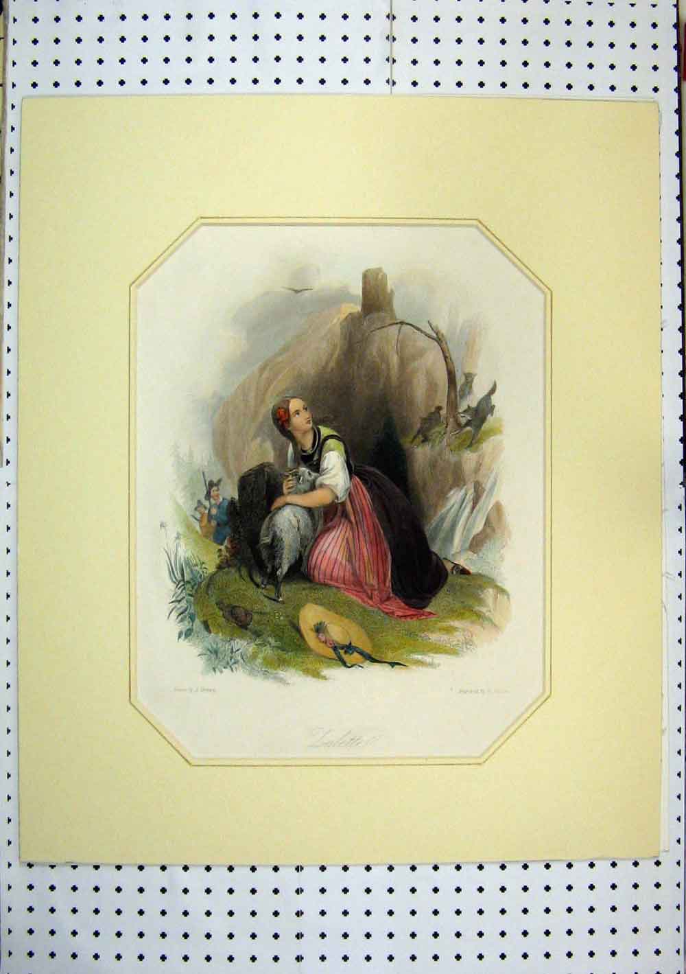 Old Antique Print C1860 Tullette Hand Coloured Girl Hiding Goat Fox Hunt 19th