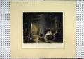 Old Antique Print Highland Cottage Baby Sleeping C1860 Log Fire Coloured 19th
