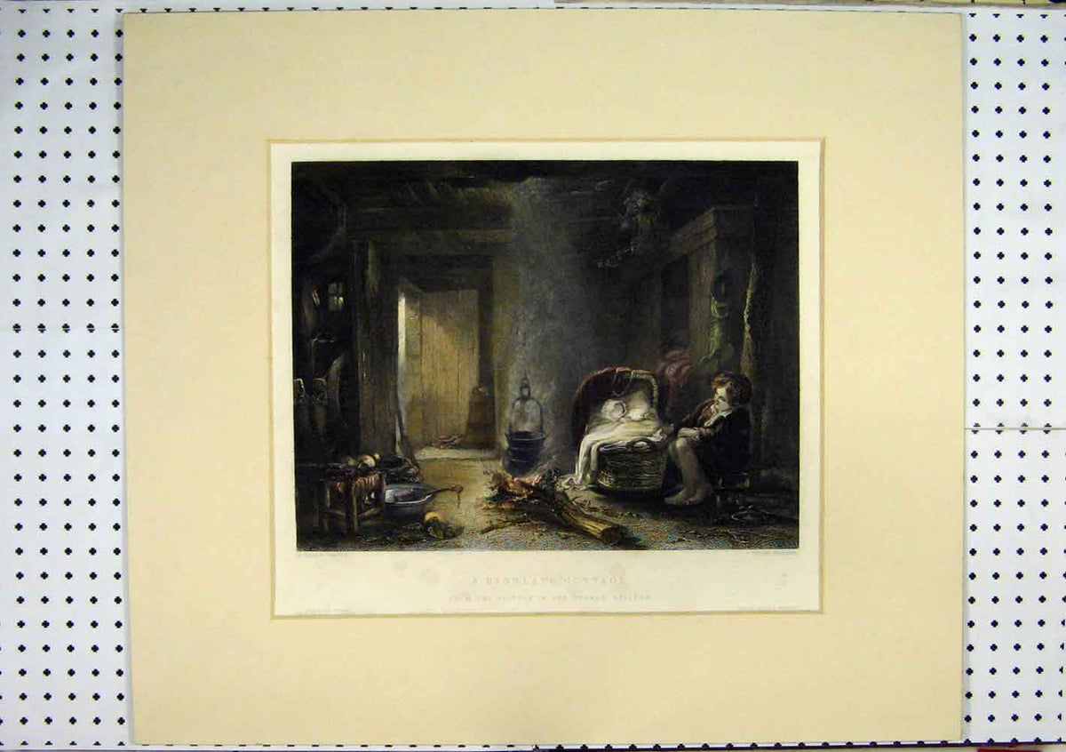 Old Antique Print Highland Cottage Baby Sleeping C1860 Log Fire Coloured 19th