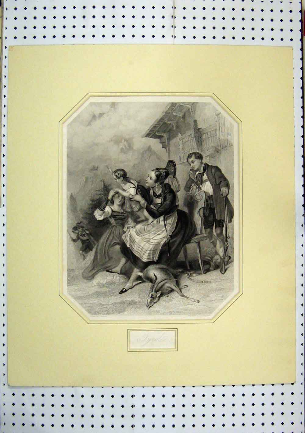 Original Old Antique Print C1850 Family Mountain House Hunting Man Gun Children