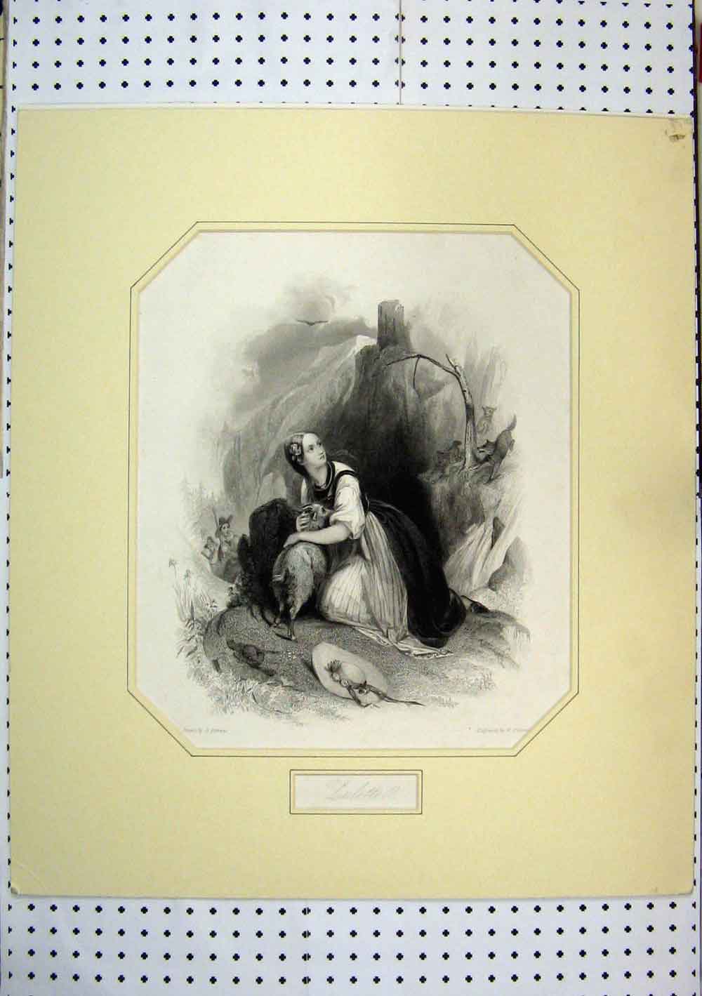 Old Antique Print C1850 Young Girl Hiding Goat Fox Hunting Mountain Scene 19th