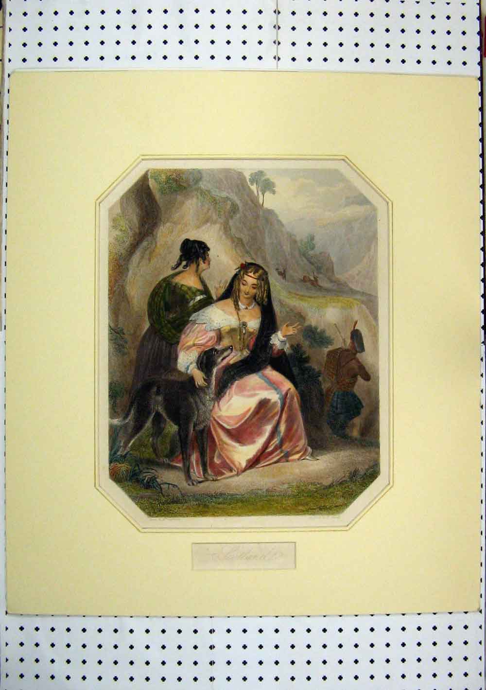 Original Old Antique Print C1850 Scotland Hand Coloured Man Kilt Shooting Deer