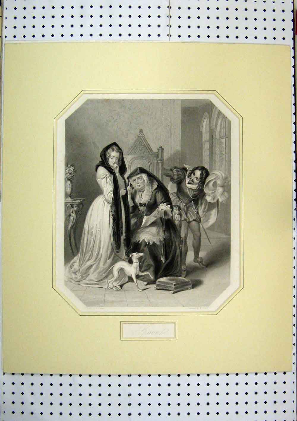 Original Old Antique Print C1850 Scene Spain Lady Sitting Throne Reading Lewis
