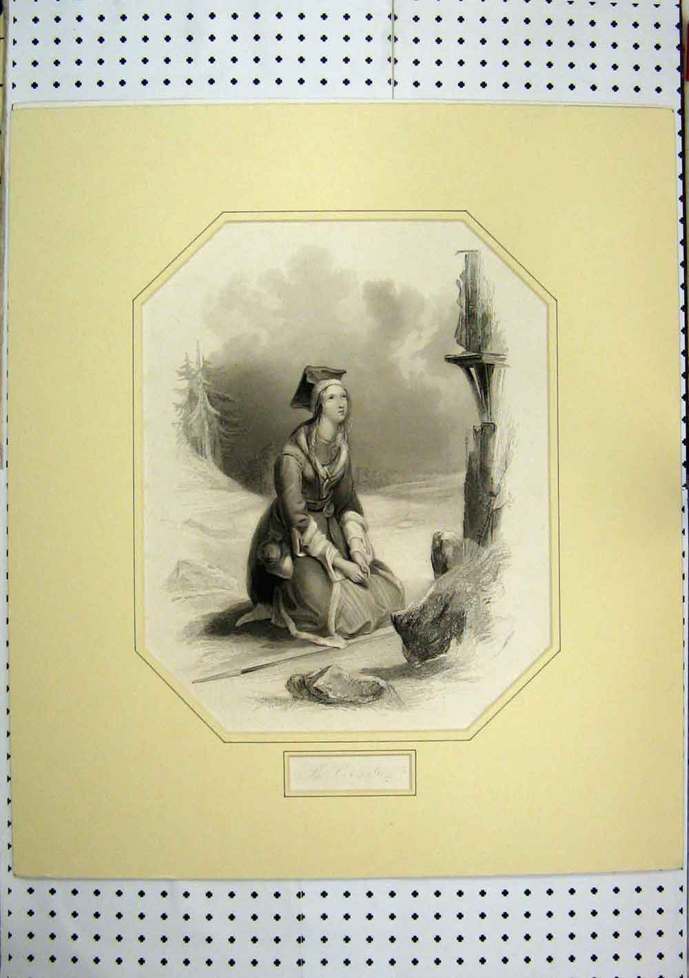 Old Antique Print C1850 Coronation Woman Praying Kneeling Country Scene 19th