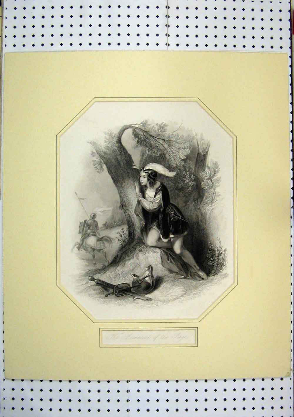 Original Old Antique Print C1850 Knight Horse Sier Hiding Tree Country Scene