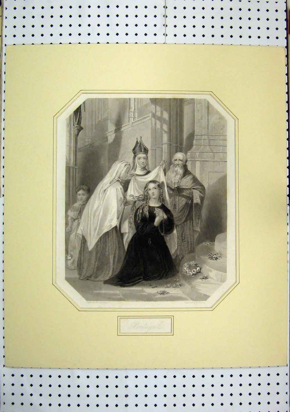Old Antique Print Scene Portugal Priest Young Girl C1850 Flowers Ceremony 19th
