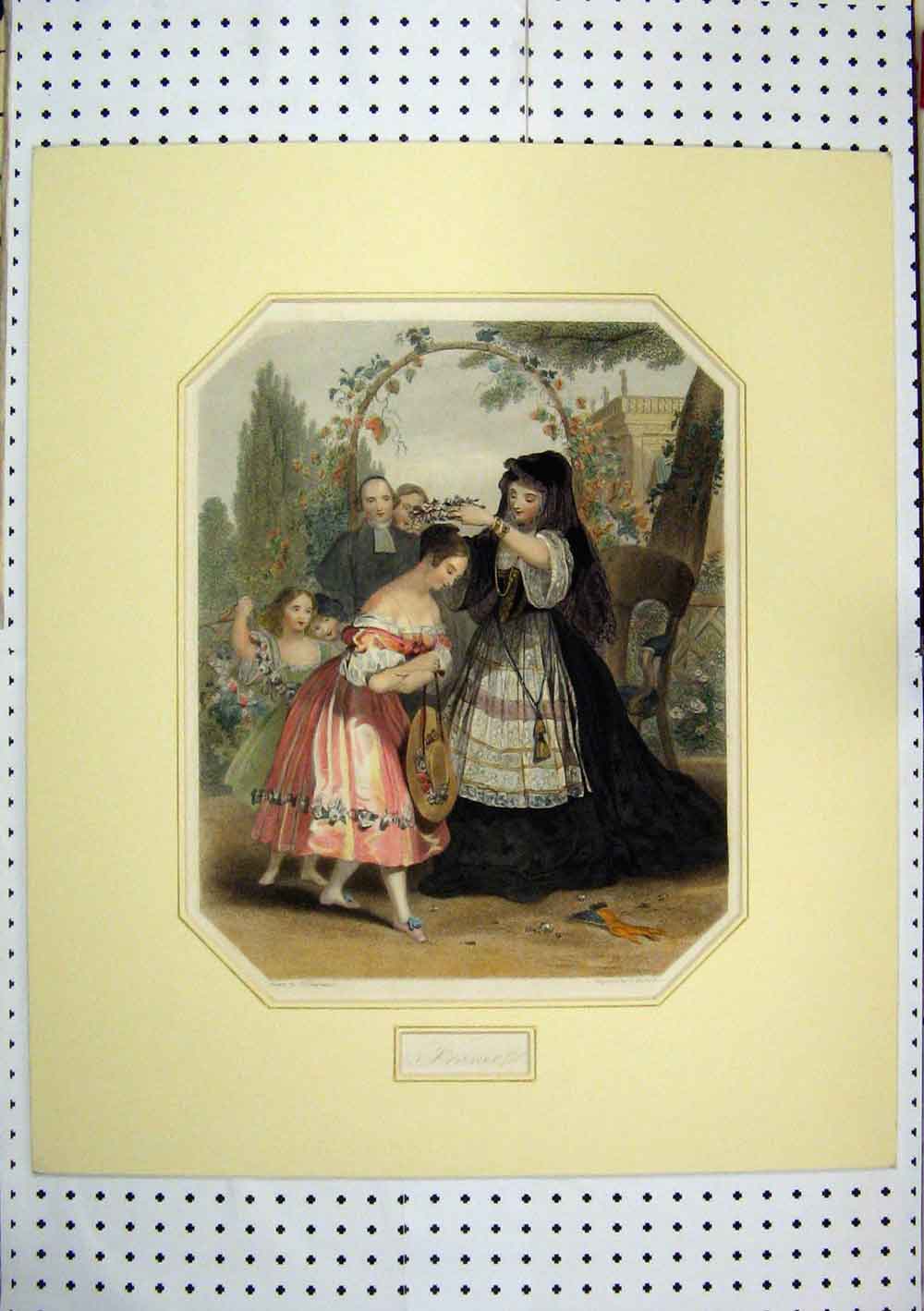 Old Antique Print Scene France Flower Arch Children C1850 Hand Coloured 19th
