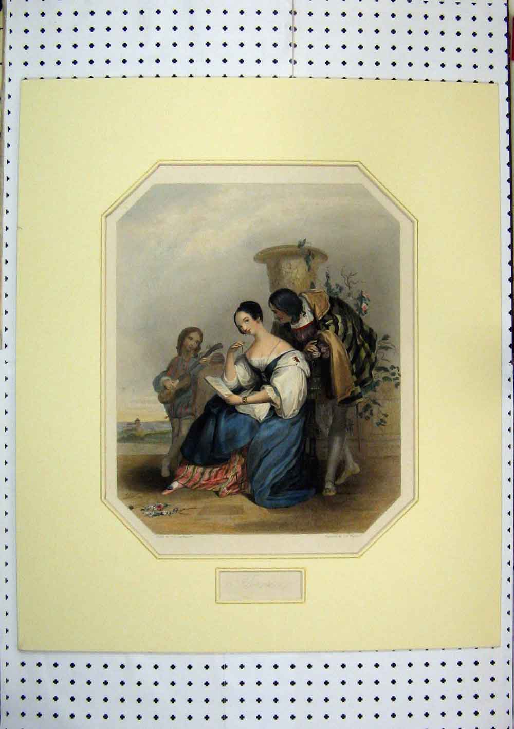 Original Old Antique Print Scene Florence Romance Man Music C1850 Hand Coloured