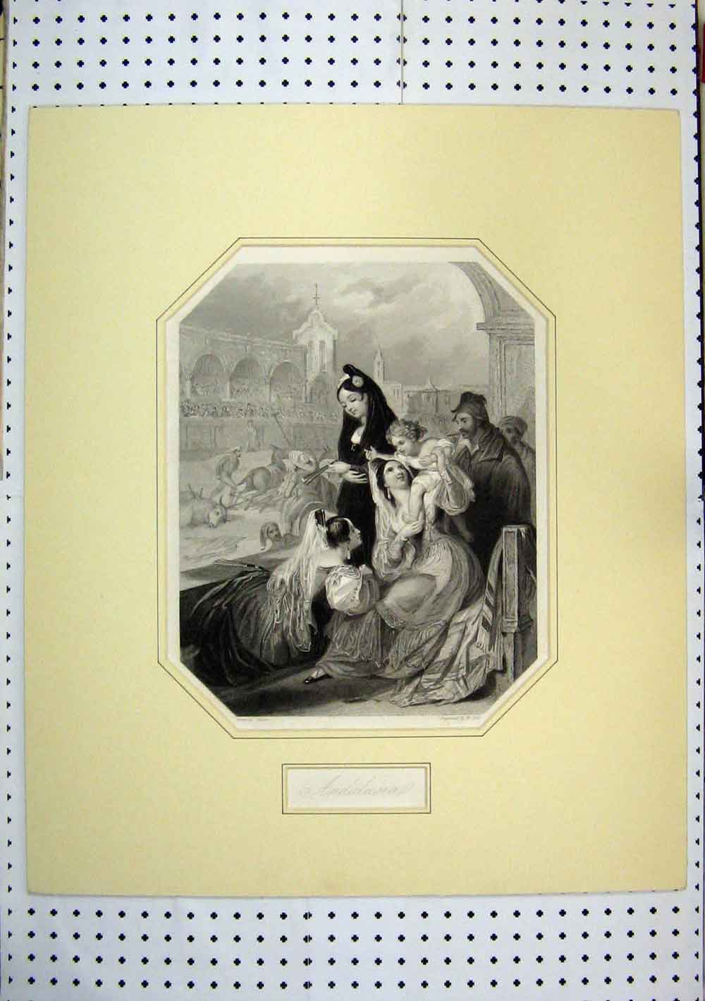 Original Old Antique Print C1850 Andalusia Bull Fighting Family Holl Engraving