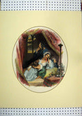 Original Old Antique Print C1830 Hand Coloured Women Baby Resting Bed Drapes