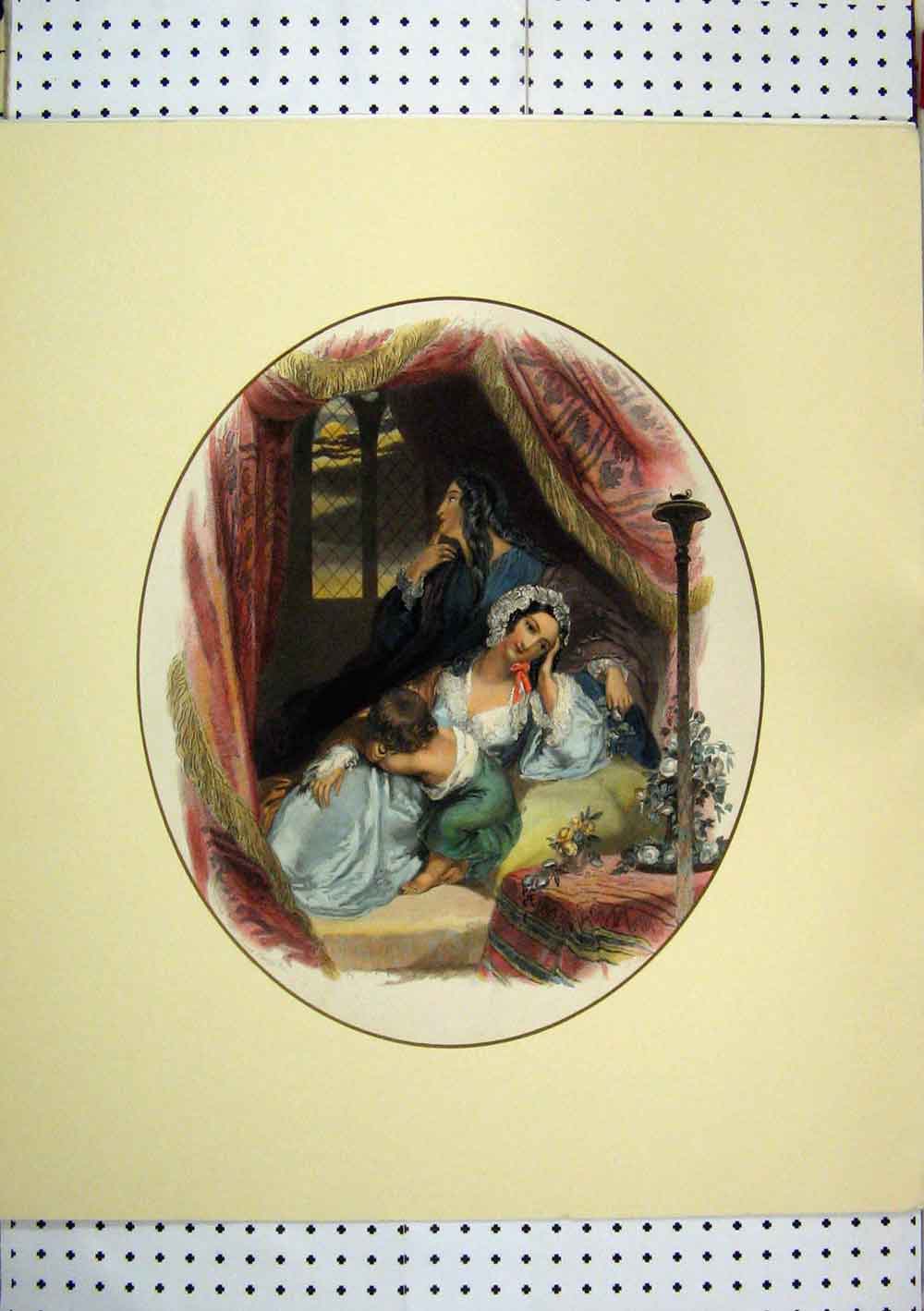 Original Old Antique Print C1830 Hand Coloured Women Baby Resting Bed Drapes
