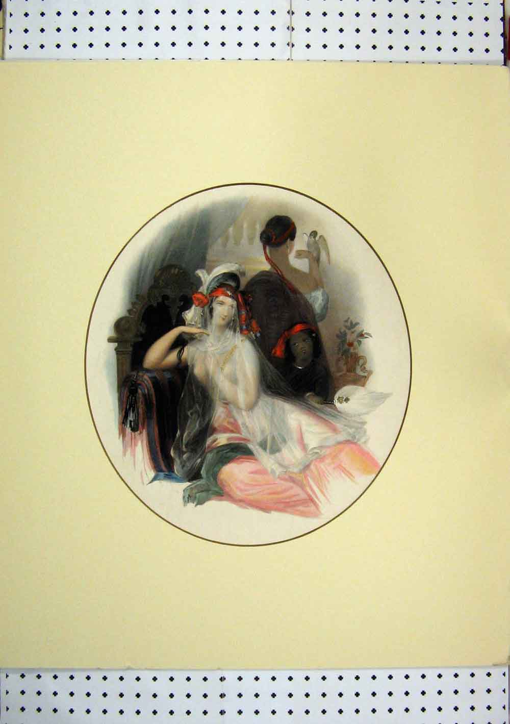 Old Antique Print C1830 Hand Coloured Beautiful Woman Viel Servants Bird 19th
