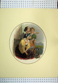 Original Old Antique Print C1865 Hand Coloured Women Little Girl Spinning Wheel