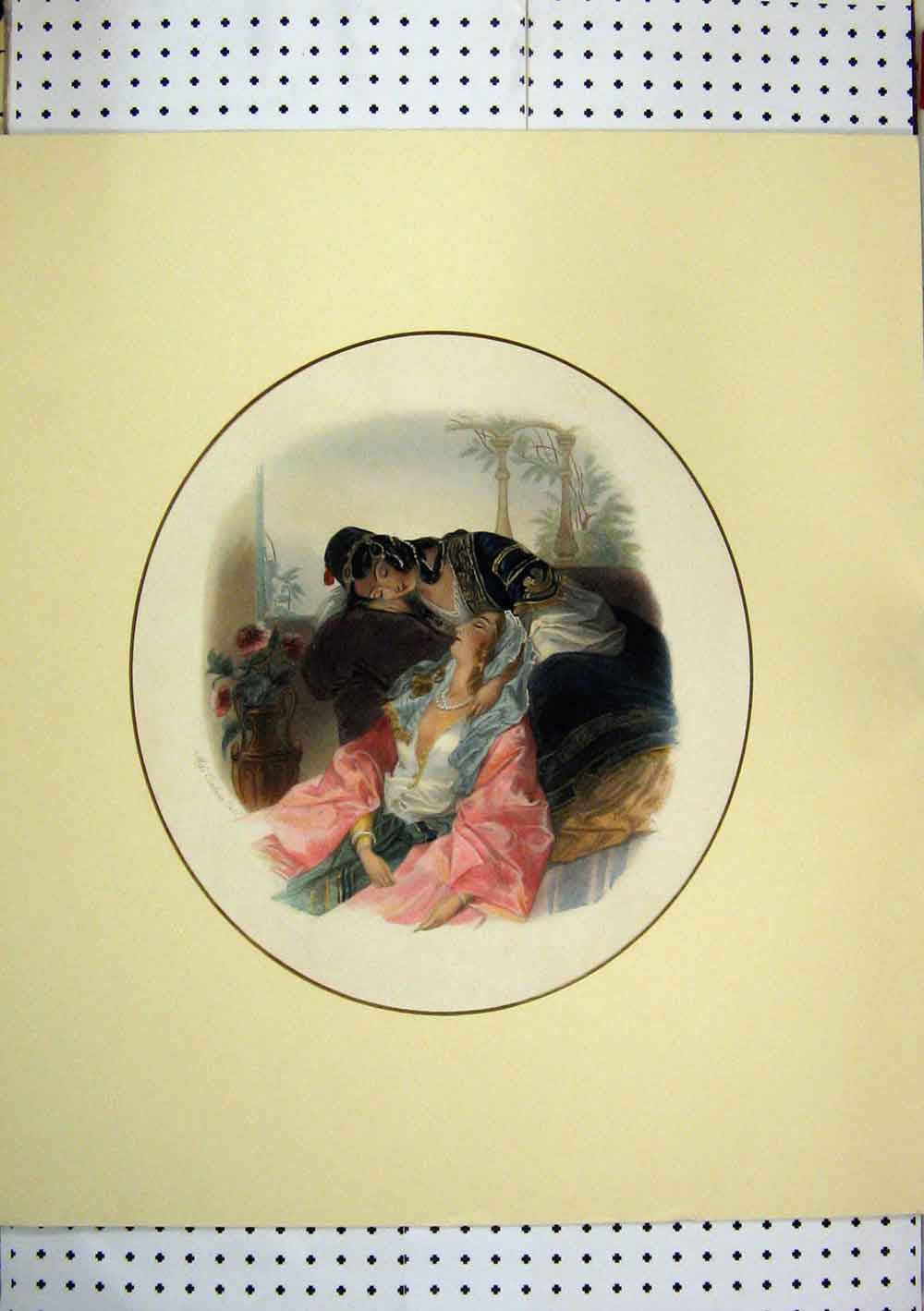 Original Old Antique Print C1865 Hand Coloured Women Sleeping Beautiful Dresses