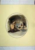 Original Old Antique Print C1865 Hand Coloured Women Bathing Cave Flower 19th