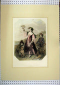 Old Antique Print C1840 Lady Hawking Hand Coloured Dog Boy Birds Country 19th
