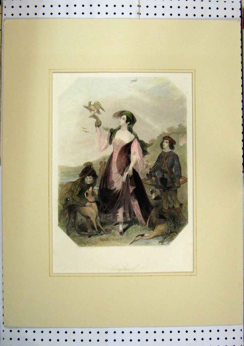 Old Antique Print C1840 Lady Hawking Hand Coloured Dog Boy Birds Country 19th
