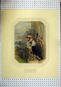 Original Old Antique Print C1850 Hand Coloured Finden Young Women Lake Man Boat