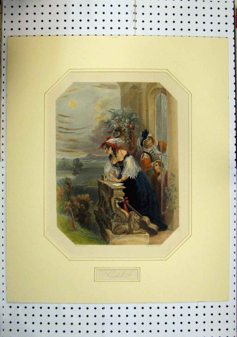 Original Old Antique Print C1850 Hand Coloured Finden Young Women Lake Man Boat