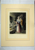 Old Antique Print Hand Coloured C1860 Young Girls Cooking Fire Pan Finden 19th