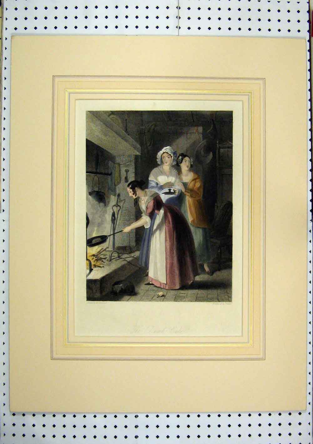 Old Antique Print Hand Coloured C1860 Young Girls Cooking Fire Pan Finden 19th