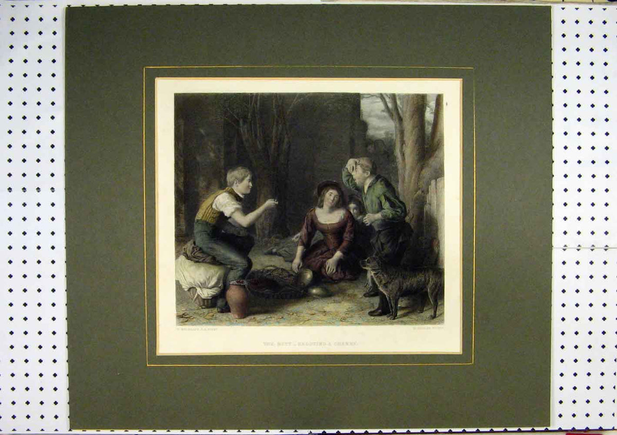 Old Antique Print C1860 Hand Coloured Children Playing Cherry Dog Bourne 19th