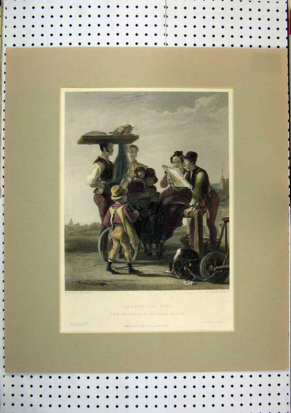 Old Antique Print C1860 Reading News Street Scene Man Tray Hand Coloured 19th