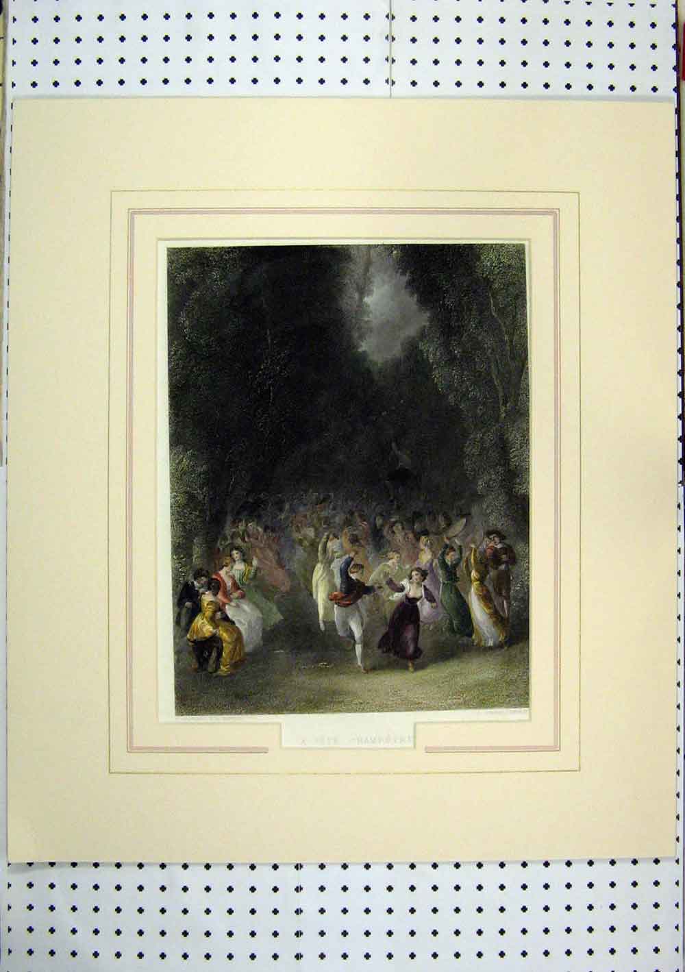 Original Old Antique Print 1860 Fete Celebration Dancing Hand Coloured Cousen
