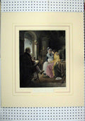 Old Antique Print 1860 Hand Coloured Family Spinning Wheel Reading Chair 19th