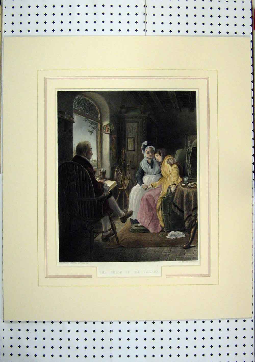 Old Antique Print 1860 Hand Coloured Family Spinning Wheel Reading Chair 19th