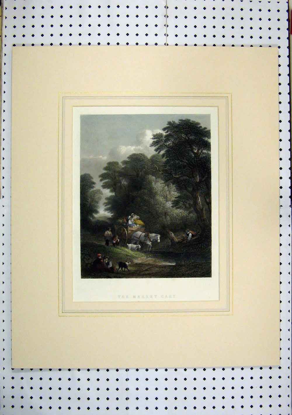 Original Old Antique Print 1850 Hand Coloured Market Cart Horse Farmer Country
